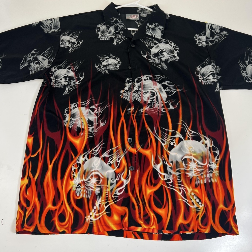 Breakdown Shirt Mens XL Black Skull Flames Short Sleeve Button Up Biker Casual